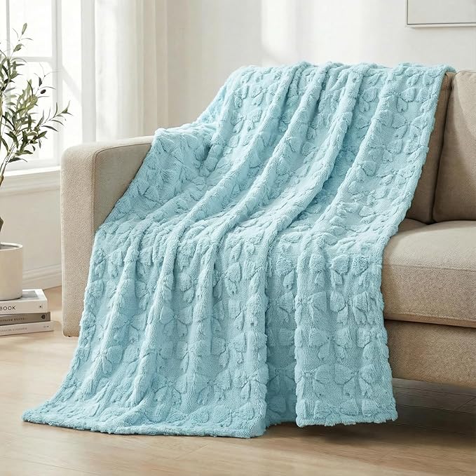 Horaldaily Valentine Bow Blanket Throw, Blue Bow Soft Fuzzy Plush Faux Fur Cozy Blankets for Couch Sofa Bed Lounging, Ideal Gifts for Kids Adults Wife Self, 50x60