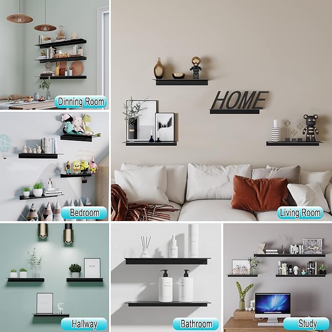 Black Metal Wall Shelves, 15.7" (W), No Drilling, Adhesive Floating Wall Shelf for Living Room, Bedroom, Bathroom, Aluminium Shower Caddy (2 PCS)