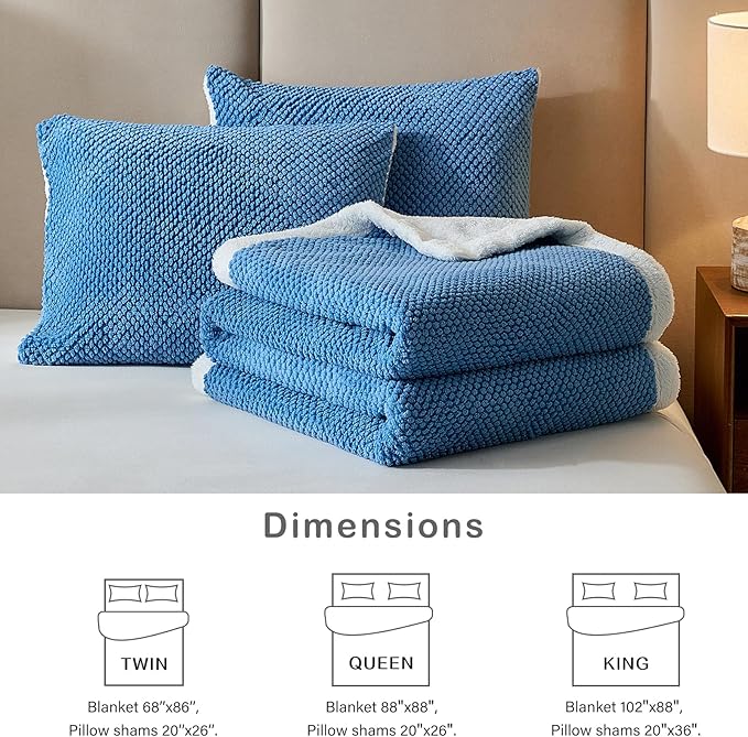 Luxury Flannel Fleece Sherpa Blankets Twin Size for Bed, Jacquard Boho 3-Layer Thick and Warm Blanket for Winter, Soft Cozy Fuzzy Plush Velvet Blanket with 2 Pillow Cases, Blue, 68x86 Inches