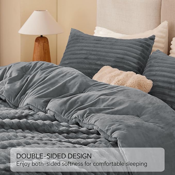 BEDELITE Fleece Queen Comforter Set -Super Soft & Warm Fluffy Grey Bedding, Luxury Fuzzy Heavy Bed Set for Winter with 2 Pillow Cases