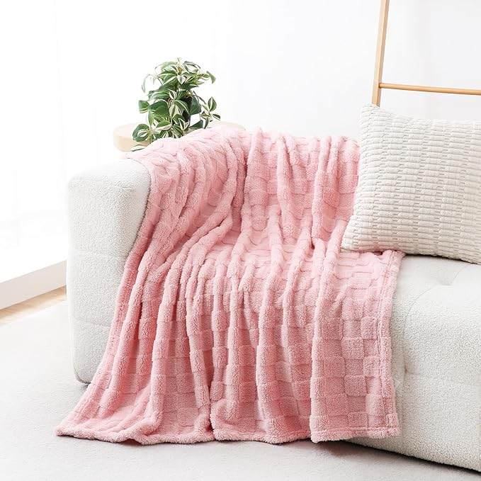 Light Pink Fleece Throw Blanket 60”×80” for Couch Sofa Bed,Super Soft Cozy Plush Microfiber Flannel Blanket with 3D Checkered Design Lightweight for Adults,Woman,Girls