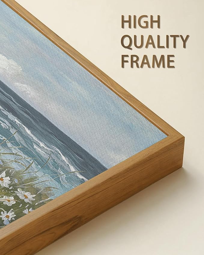 SHENIFY Vintage Landscape Framed Wall Art Sea Coastal Wildflower Field Scenery Farmhouse Decor Retro Painting for Bedroom Living Room Ready to Hang Wall Artwork - 20x40in Natural Framed