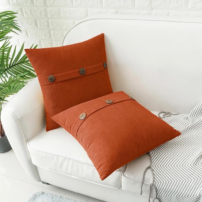 HWY 50 Burnt Orange Chenille Throw Pillow Covers 20x20 Inch with Triple Buttons, Soft Fall Farmhouse Accent Decorative Cushion Cases for Couch Sofa Bed Living Room Pack of 2