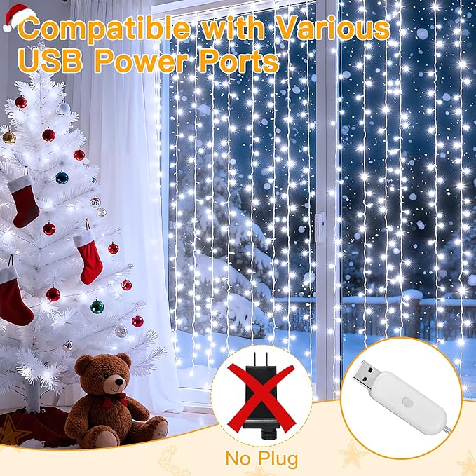 Ollny Curtain Lights 6.6x6.6ft, 200 LED White Christmas Lights with Remote 8 Modes Dimmable Timer, USB Power String Light for Bedroom Backdrop Indoor Window Wedding Decorations