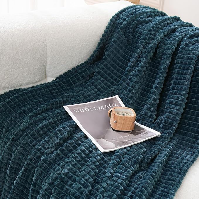 Puncuntex Flannel Fleece Throw Blanket Dusty Blue 60"×80",Super Soft Plush Cozy Blanket with Square Grid Design Luxury for Couch Sofa Chair