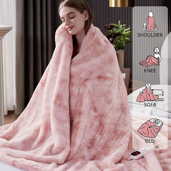 Guohaoi Heated Blanket Electric Throw, Soft Faux Rabbit Fur Electric Blanket with 10 Heating Levels 5 Sitting Timer Auto Off, Dual-Controller Heating Blankets, Machine Washable(84"×90" Pink)