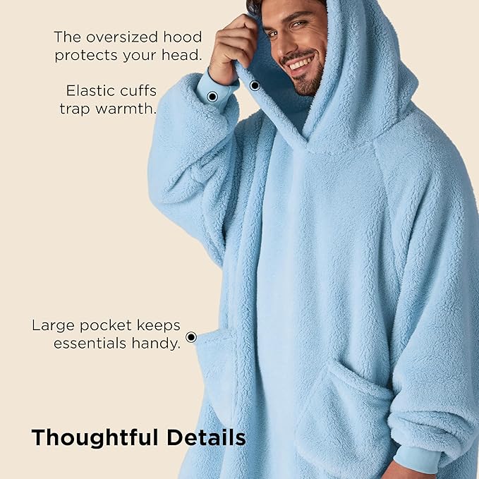 Bedsure Blanket Hoodie, Wearable Blanket Hoodie as Mothers Day Gifts for Mom, Birthday Gifts for Women Men, Warm Cozy Hoodie Blanket Sweatshirt for Adult Women Men, Sky Blue, Standard