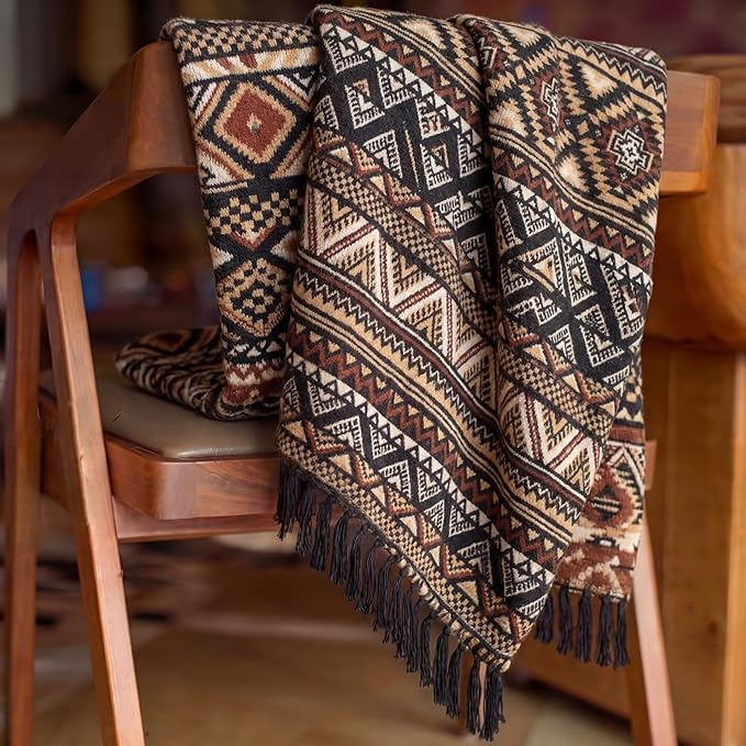 CASAAGUSTO Boho Throw Blanket - Brown Black Decorative Blankets with Tassel, Printed Flannel Bohemian Blanket for Chair, Bed, Sofa, Couch(60 * 80, Brown Black)