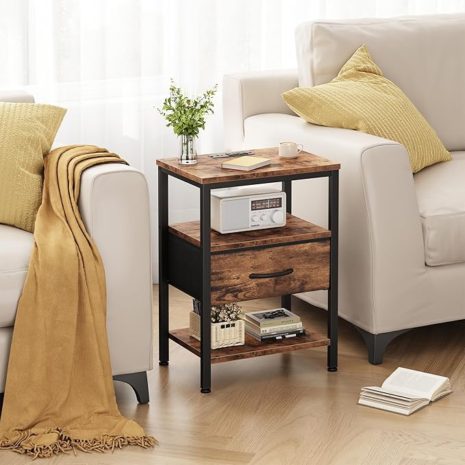 DUMOS Bedside Table with Charging Station and Adjustable Fabric Drawer Compact Nightstand 3-Tier Storage Organizer End Table for Bedroom,Brown