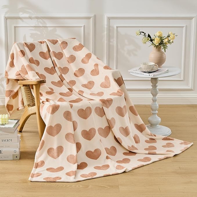 FY FIBER HOUSE Heart Flannel King Blanket Soft Cozy Blankets for Lover Gifts All Season Use, 90x108 Inches, Khaki