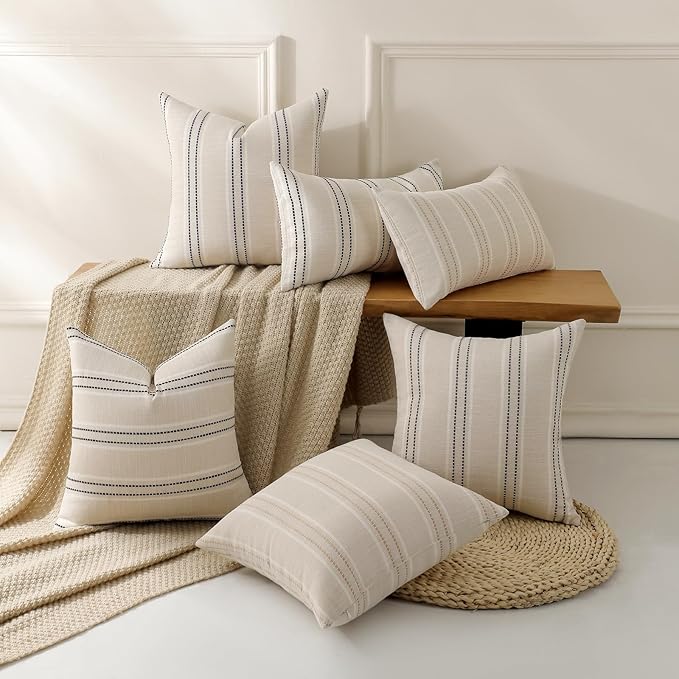 Hckot Hand Made Throw Pillow Covers 22x22 Set of 2 Striped Pillow Covers Linen Decorative Pillows Square Cushion Covers for Sofa Couch Bed Living Room Farmhouse Decor, Khaki
