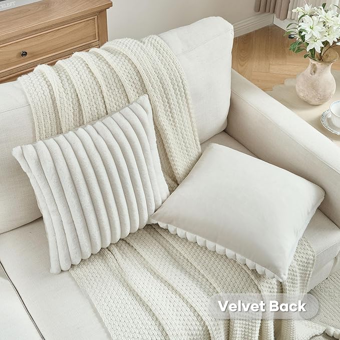 FUTEI Cream White Decorative Throw Pillow Covers Set of 2, 22x22 Inch Soft Fluffy Faux Fur Plush Striped Cushion Cases, Modern Home Decor for Couch Bed Living Room