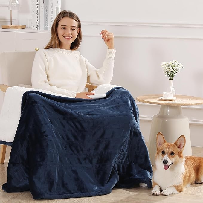 Electric Throw Heating Blankets 50X60in - Fleece Heated Throw Washable with 5 Heating Level & 4 Hour Auto Off Small Heated Blanket for Office, Chair Blanket for Winter, Great Gift Ideas(Navy Blue)