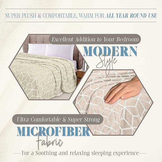 Elegant Comfort Luxury Velvety Feel Blanket, All-Season Lightweight Blanket, Ultra Plush, Soft, Cozy-Fuzzy Flannel Fleece for Couch, Sofa, Bed, Travel, Cube Design, King/California King, Cream