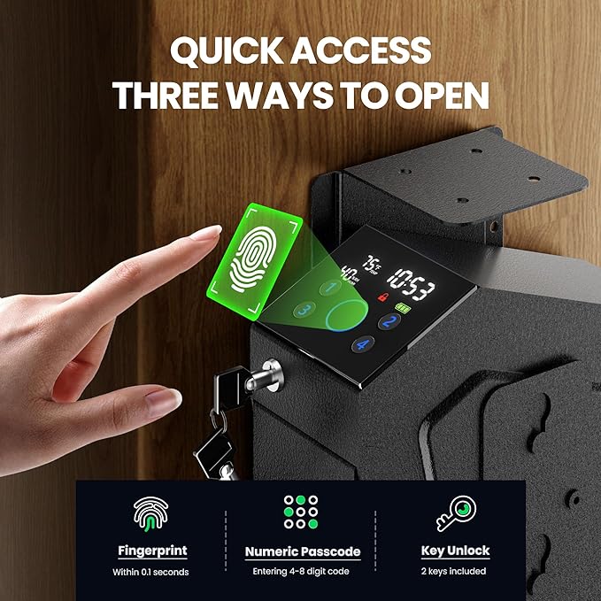 Quick Access Biometric Bedside Gun Safe for handgun, 2 in 1 Mounted Drop Down Nightstand Pistol Safe with Fingerprint & Passcode & Key 3 Ways