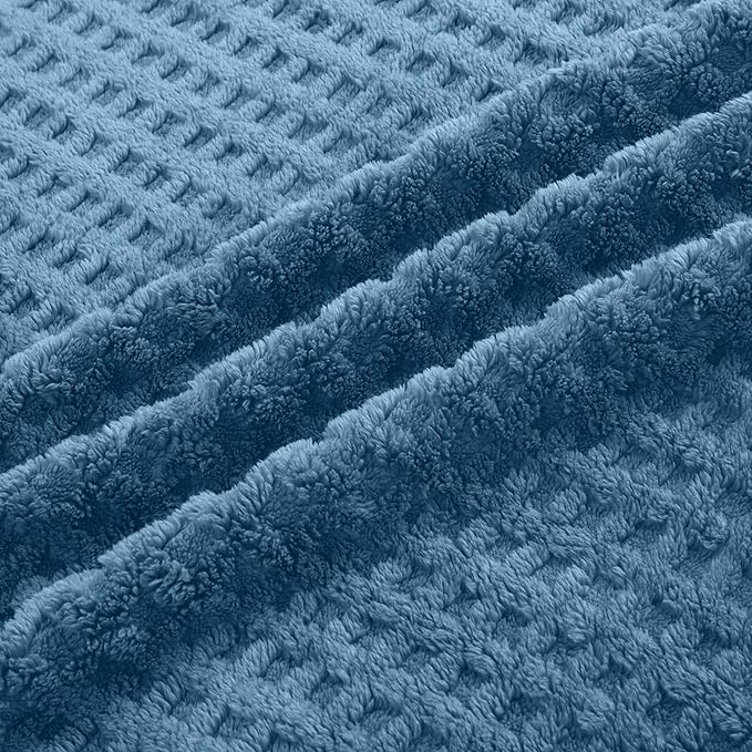 Soft Cozy Fuzzy Fleece Queen Size Blanket, Waffle Slate Blue, 90x90 Inches – Lightweight, Fluffy, and Warm 3D Jacquard All-Season Blanket for Bed, Couch, Sofa, Camping, and Travel