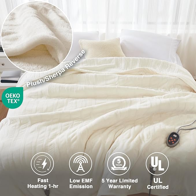 Beautyrest Heated Blanket, Electric Blanket, Soft, Warm, Reversible Plush - Sherpa Heating Blanket with 20 Heat Settings, 1-10 hrs Timer Auto Shut Off, Machine Washable, Full (84 inx80 in), Ivory