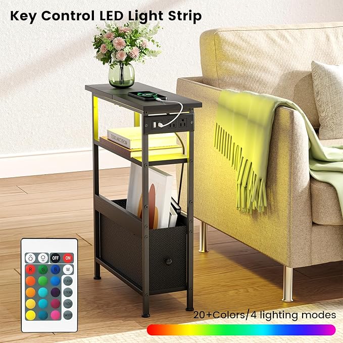 Narrow Side Table with Charging Station and LED Light, Small End Table with 1 Fabric Drawer, Skinny Nightstand with USB Ports & Type-C, Slim Side Table for Bedroom, Living Room, Black