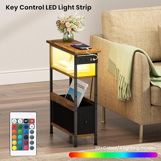Narrow Side Table with Charging Station and LED Light, End Table with 1 Fabric Drawer, Skinny Nightstand with USB Ports & Type-C, Slim Bedside Table for Bedroom, Living Room, Rustic Brown