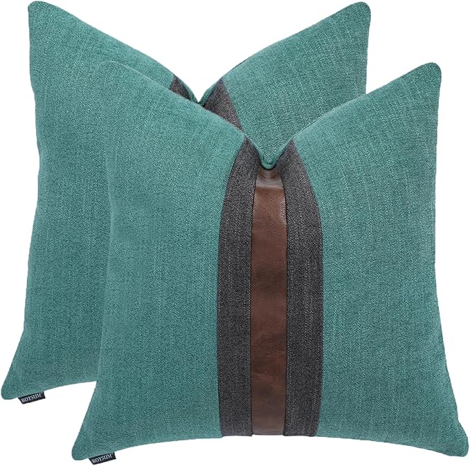 BOYSUM Set of 2 Leather Throw Pillow Covers Cotton Linen Decor Patchwork Pillow Cover Faux Leather Pillows Cover for Couch Sofa Living Room Bedroom,Grass Green 18"x18"