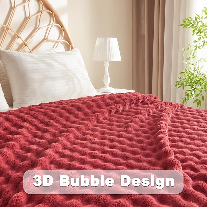 NEWCOSPLAY Twin Blanket for Couch Red Super Soft Flannel Fleece 3D Bubble Lightweight Bed Blanket All Season Use (Red, Twin(60"x80"))