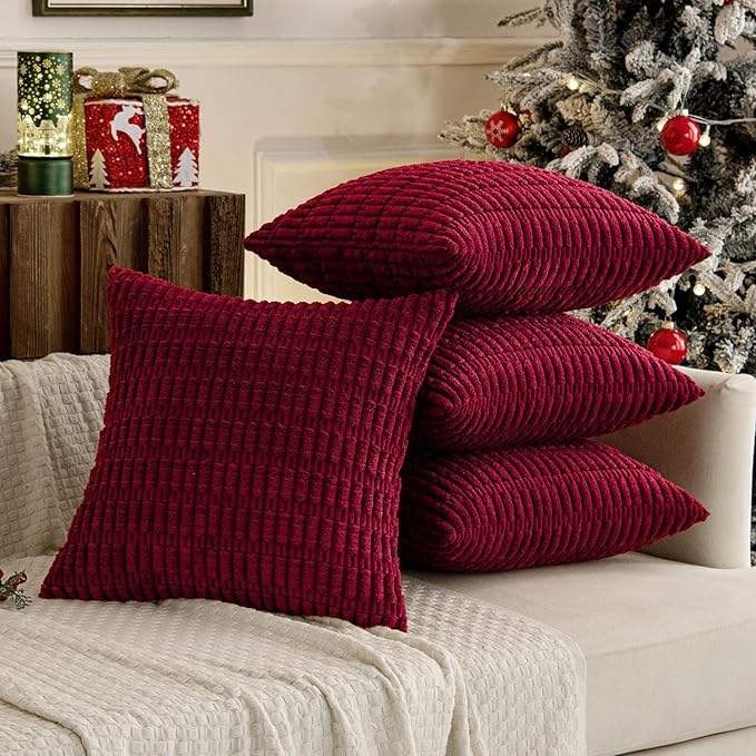 MIULEE Pack of 4 Christmas Wine Red Corduroy Decorative Throw Pillow Covers 18x18 Inch Soft Boho Striped Pillow Covers Modern Farmhouse Home Decor for Sofa Living Room Couch Bed