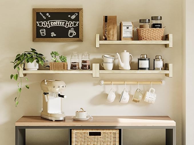 Vailando Floating Shelves for Wall, Set of 4 Solid Wood Wall Mounted Shelves, 16" Rustic Poplar Display Shelf for Bedroom, Living Room, Bathroom, and Kitchen Decor - Heavy-Duty & Natural Pine