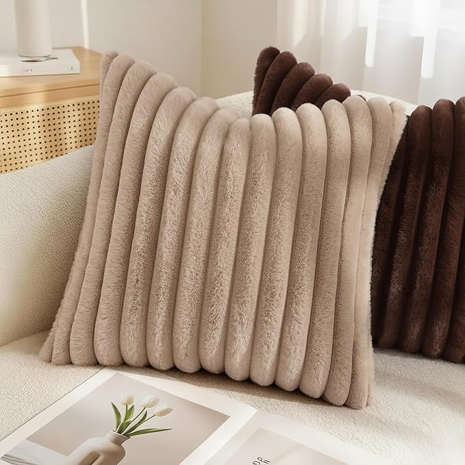 decorUhome Cozy Faux Fur Throw Pillow Covers 24x24 Set of 2 Decorative Soft Plush Striped Modern Farmhouse Boho Couch Euro Sham Pillow Cases with Velvet Back for Sofa Bed Living Room, Khaki Brown