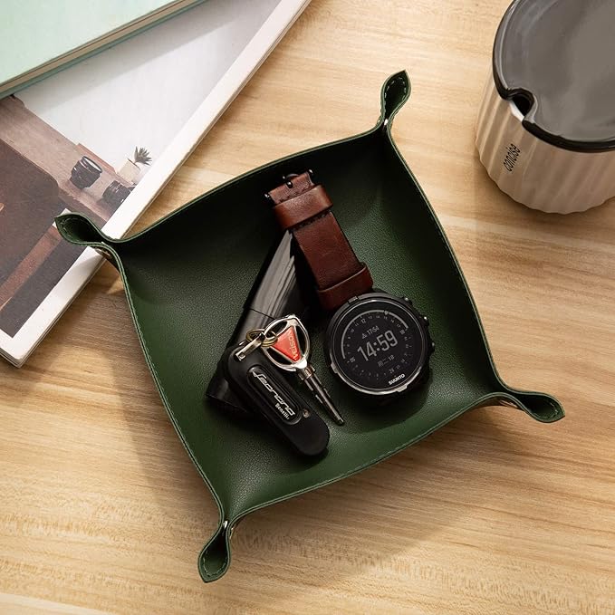 SANQIANWAN Leather Jewelry Valet Tray for Women and Man, Entryway Table Bedside Nightstand Desk Portable Small Catchall Travel Dish Plate for Key,Wallet,Watch,Phone,Coin(Dark Green-B)