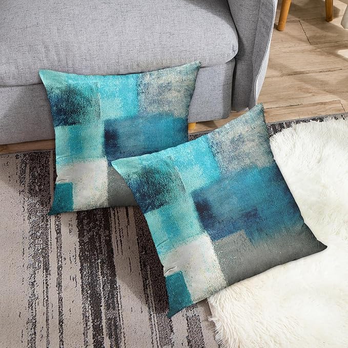 Britimes Throw Pillow Covers Modern Home Art Decor, 20 x 20 Inches Set of 2 Pillow Cases Decorative, Abstract Oil Painting Pillowcases for Bedroom, Cushion Couch Sofa, Living Room, Teal Peacock Blue