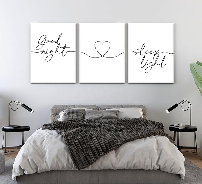 3Pcs Minimalist Style Wall Art Bedtime Quotes Painting Picture Wall Decor Good Night Sleep Well Black Line Art Heart Shape and Phrase Poster Print Artwork for Living Room Bedroom Home Decoratio