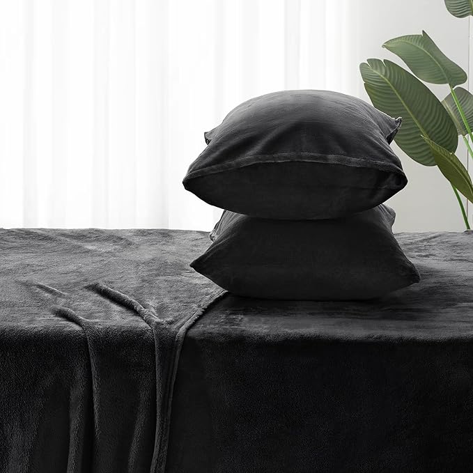 BEDELITE Flannel Sheets King Size Black - Super Soft Fleece Sheets Set Fluffy Extra Plush, 4 Piece(Include Fitted Sheet, Flat Sheet, 2 Pillowcases)