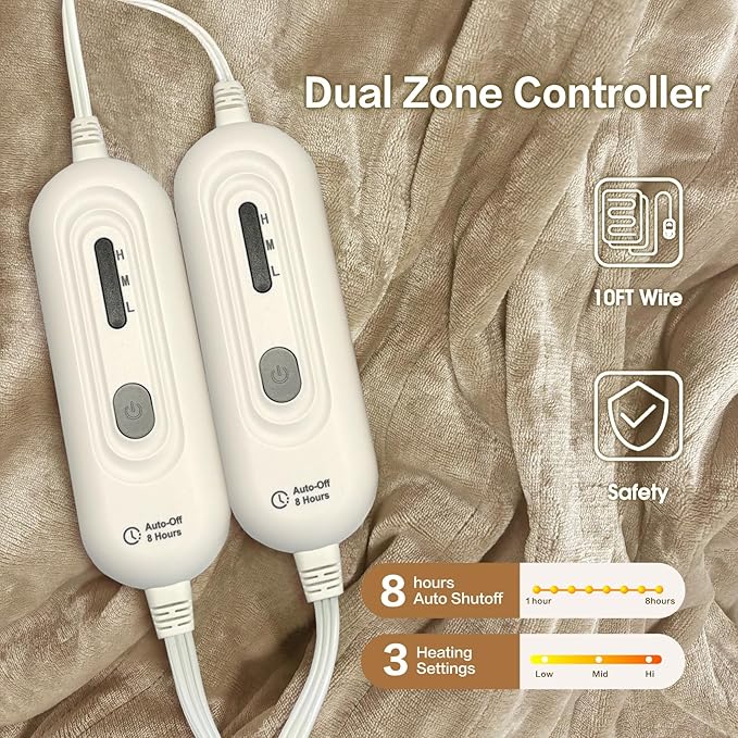 Tefici Electric Heated Blanket Queen Size, Dual Control Super Cozy Soft 2-Layer Flannel 84" x90" Heating Blanket with 3 Heat Levels & 8 Hours Auto Off,ETL&FCC Certified,Home Office Use,Camel