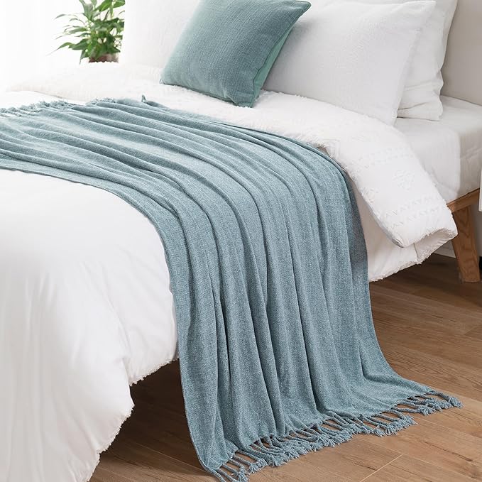 BATTILO HOME Blue Grey Throw Blanket for Couch Bed, Soft Cozy Light Blue Chenille Throw Blanket with Fringe, Lightweight Throw Blanket for Home Decor, 50"x60"