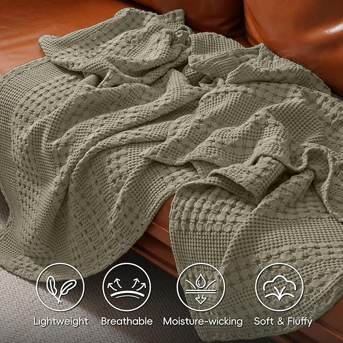 PHF 100% Cotton Waffle Weave Blanket Queen Size for Bed, Soft Lightweight & Breathable for Spring and Summer, All-Season Comfort, Luxury Aesthetic Blanket for Home Decor, 90"x90", Dusty Sage