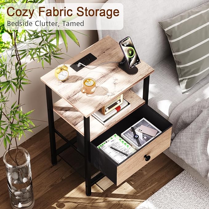 Night Stand with Charging Station, Small Bedside Table with Fabric Drawer, Nightstand with USB Ports & Outlets for Bedroom, Living Room, Grey, HETS010GY-1