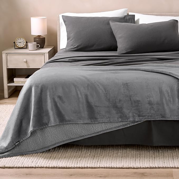 Bare Home Sherpa Fleece Blanket - King Size - Blanket for Bed, Sofa, and Couch - Warm & Lightweight - Fluffy & Soft - Reversible (King, Grey with Grey Sherpa)