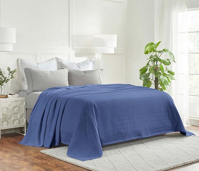 Superior JENA Cotton Blanket Picnic, Beach, Traveling or Camping, Bedroom Decor, Essentials, Cover for Bed, Couch, Lounging, Textured Jacquard, Modern Chevron Woven Blanket, Full/Queen, Merritt Blue