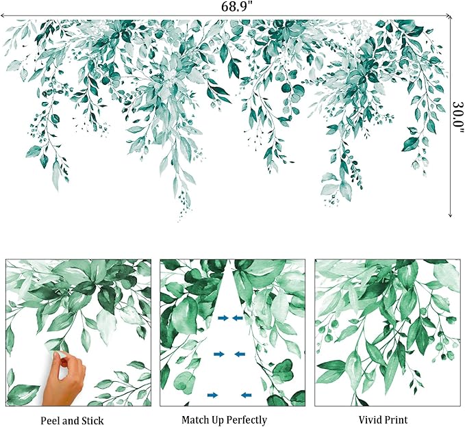 Teal Plants Leaves Wall Decals Peel and Stick, Large Floral Flowers Vinyl Wall Stickers, Removable Vine Home Decor Art for Bedroom Living Room Classroom Office