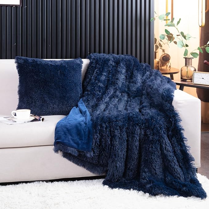 YUSOKI Long Faux Fur Twin Size Blanket,2 Layers,3.4lb for Bed Couch Home Décor Gifts Men (Navy Blue,60" x 80")
