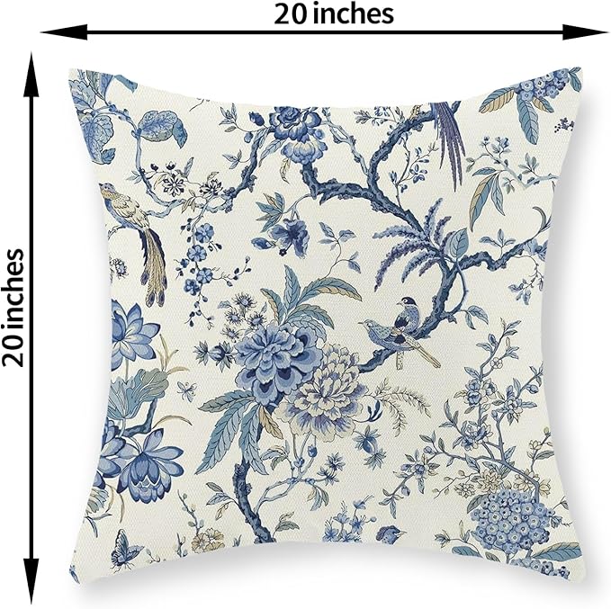 Chinoiserie Floral Bird Pillow Covers 20x20 Set of 2 Blue Chinoiserie Flowers Decorative Pillow Cases Outdoor Blue and Cream Throw Pillows Farmhouse Linen Cushion Case for Couch Home Decor