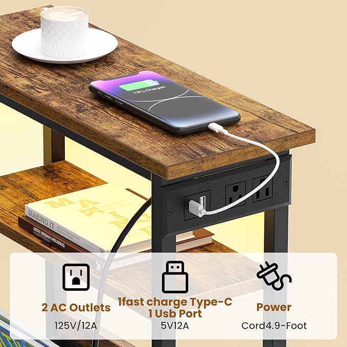 Narrow Side Table with Charging Station and LED Light, End Table with 1 Fabric Drawer, Skinny Nightstand with USB Ports & Type-C, Slim Bedside Table for Bedroom, Living Room, Rustic Brown