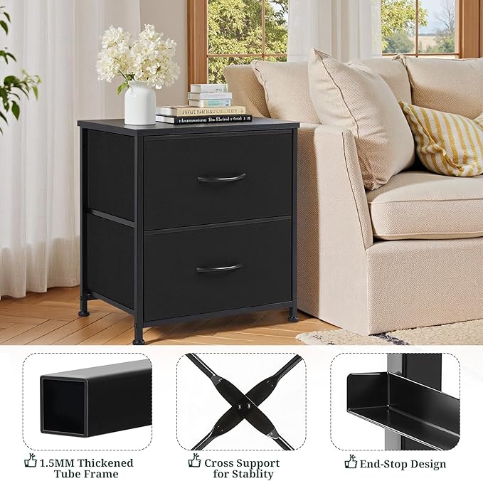 Nightstand Set of 2, Small 2 Drawer Dresser End Table Bedside Furniture, Wooden Top Fabric Bins for Bedroom, Closet, Entryway, Dorm, 11.8" D x 18" W x 20", Black