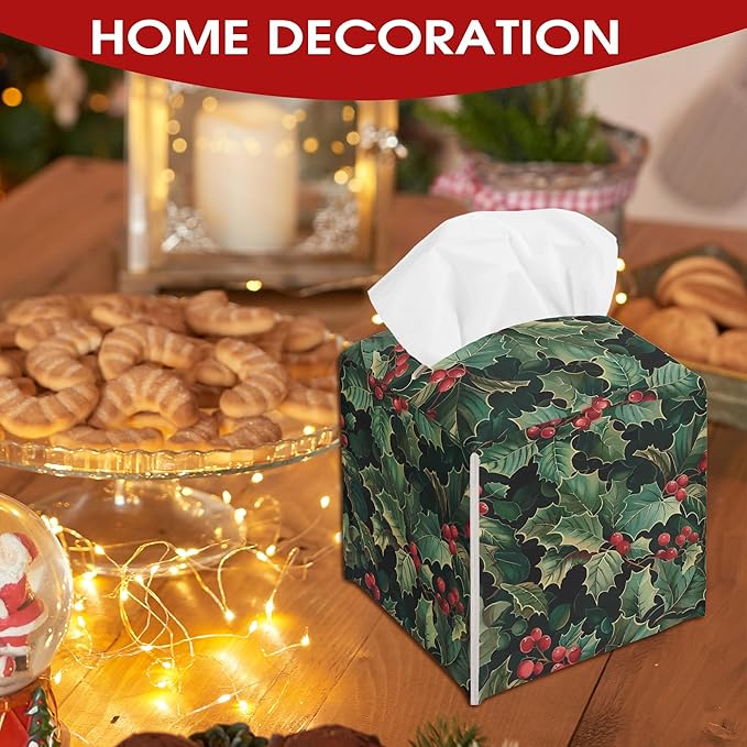 Holly Berries Christmas Tissue Box Cover Holder, Green Leather Tissue Box Cover Square, Xmas Gift Ideas for Family Friends, Bathroom Kitchen Car Office Home Table Decor(5.2 Inches)-B09