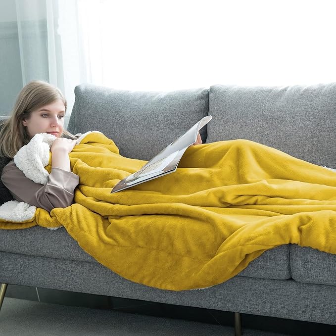 IR Imperial Rooms Gold Sherpa Fleece Queen Size Blanket for Bed - Thick and Warm Blanket for Winter Reversible Soft and Fluffy Blankets Queen Size, Yellow, 90x90 Inches