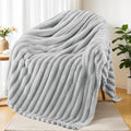 Exclusivo Mezcla Fleece Throw Blanket for Couch, Super Soft Striped Jacquard Bed Blanket, Lightweight Fuzzy Cozy for All Seasons, 50x60 Inches, Light Grey