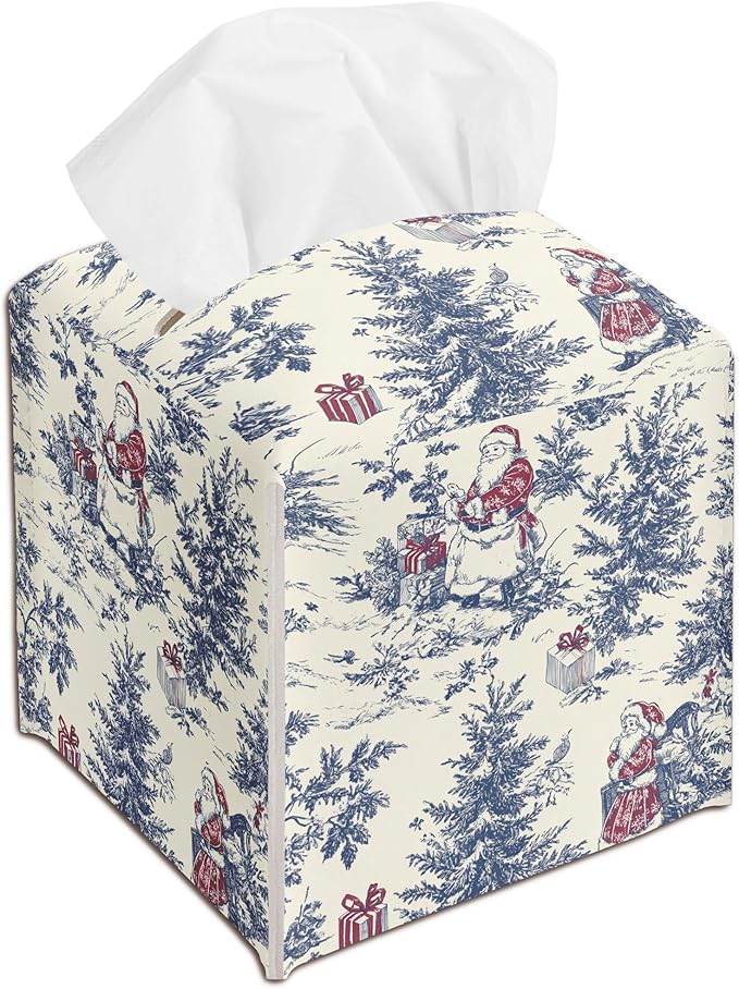 Watercolor Blue Chinoiserie Tissue Box Cover, Christmas Santa Claus Tissue Box Cover Square, Xmas Gift Ideas for Family Friends, Bathroom Kitchen Car Office Home Table Decor(5.2 Inches)-B18