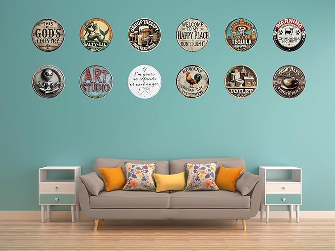 Welcome Sign for Front Door Round Metal Welcome to My Happy Place Plaque for Home Office Bedroom Kitchen Dining or Bar Decor 8x8 In