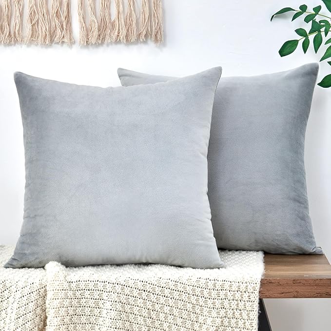 Throw Pillow Covers Grey Decorative Velvet Set of 2 18x18 Inch Pillow Covers, Soft Neutral Gray Pillowcases for Couch Sofa Bed Living Room, Farmhouse Boho Decor, Square Accent Cushion Covers