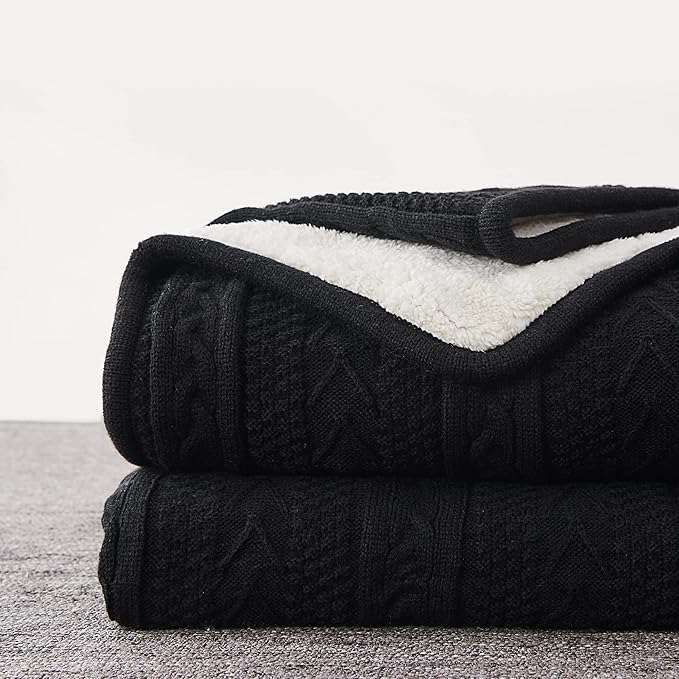 Longhui bedding Black Acrylic Cable Knit Sherpa Throw Blanket - Thick, Soft, Big, Cozy Knitted Fleece Blankets for Couch, Sofa, Bed - Large 60 x 80 Inches Coverlet All Season